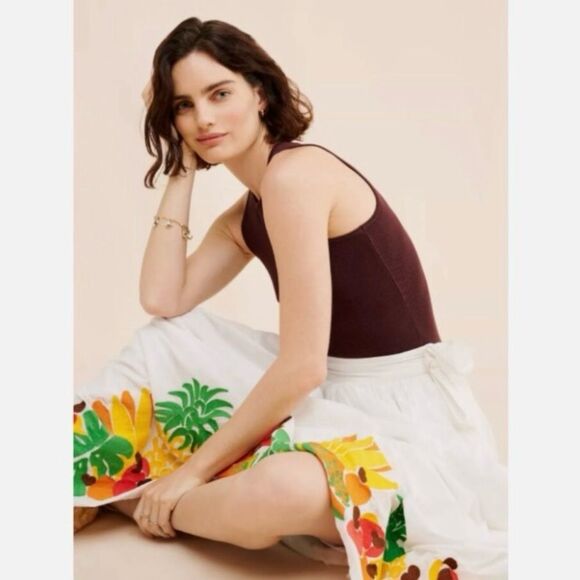 NEW FARM Rio Embroidered Fruits Side Bow Maxi Skirt Beaded Tassels White Size XL - Picture 3 of 16